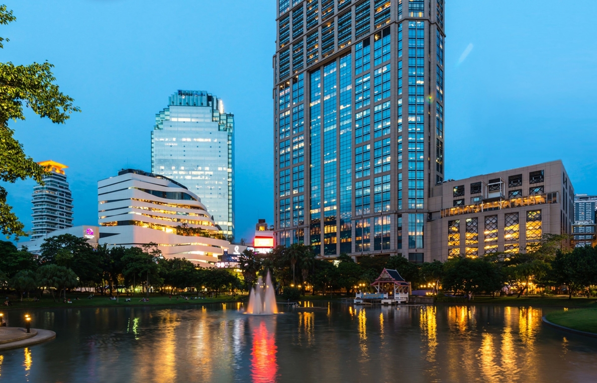 View of the EmDistrict at night from Benchasiri Park